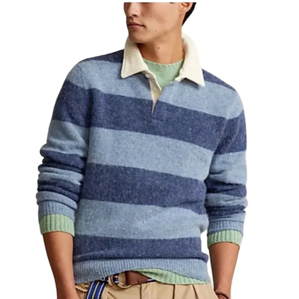 Ralph Lauren Rugby Stripe Sweater Cream Collar Blue Navy Mens XL RARE NWT AS IS
